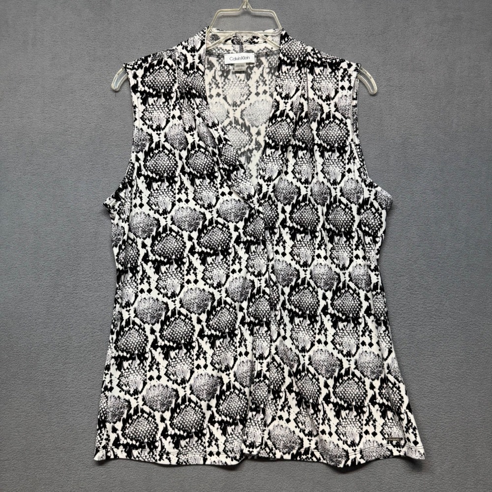 Calvin Klein Sleeveless Snake Print V Neck Top L Black Layering Boho Mob Wife